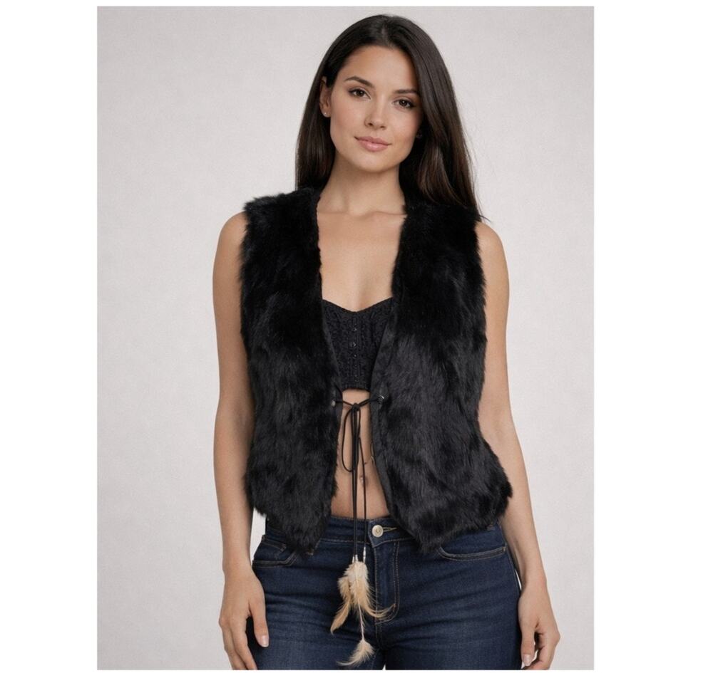 2000s Tricotto Rabbit Fur Embroidered Lace Back Vest Feather Ties Medium